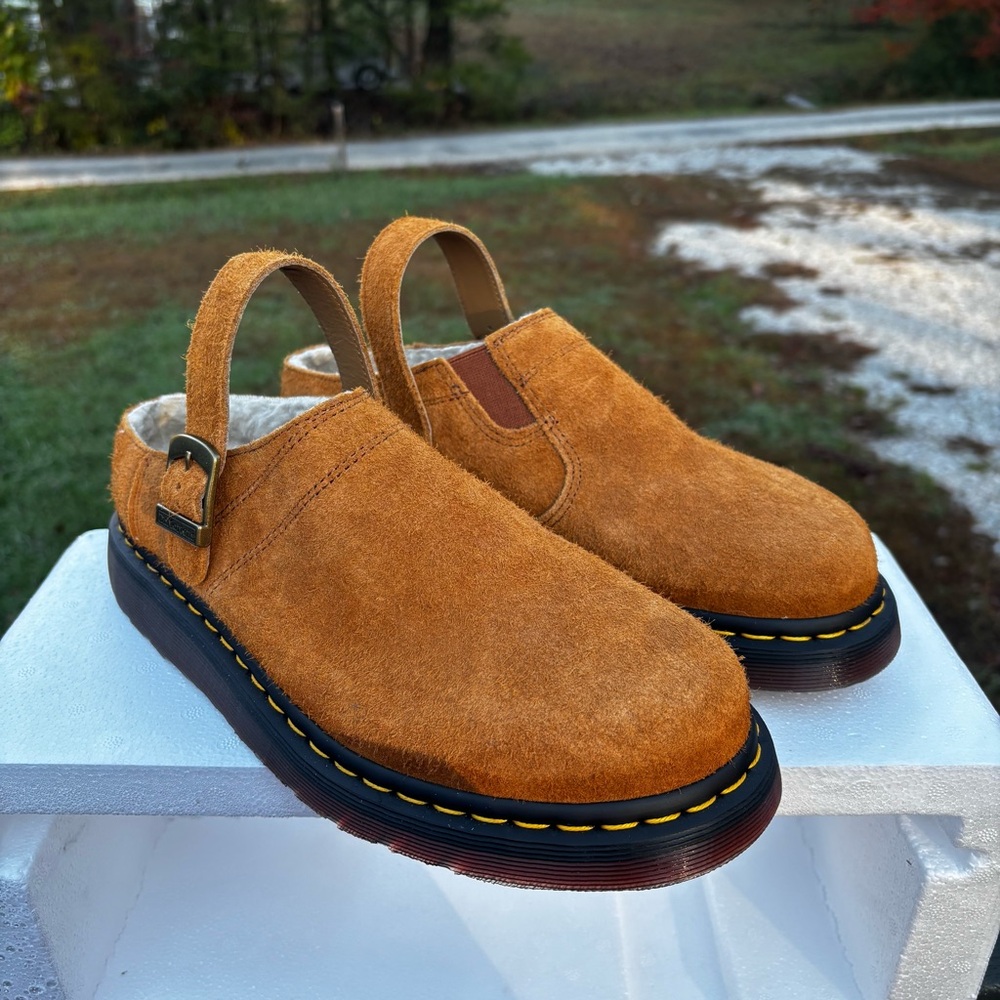 Dr Martens Isham Faux Shearling Suede Slingback Mule M 10 L 11 Pecan Brown Hairy